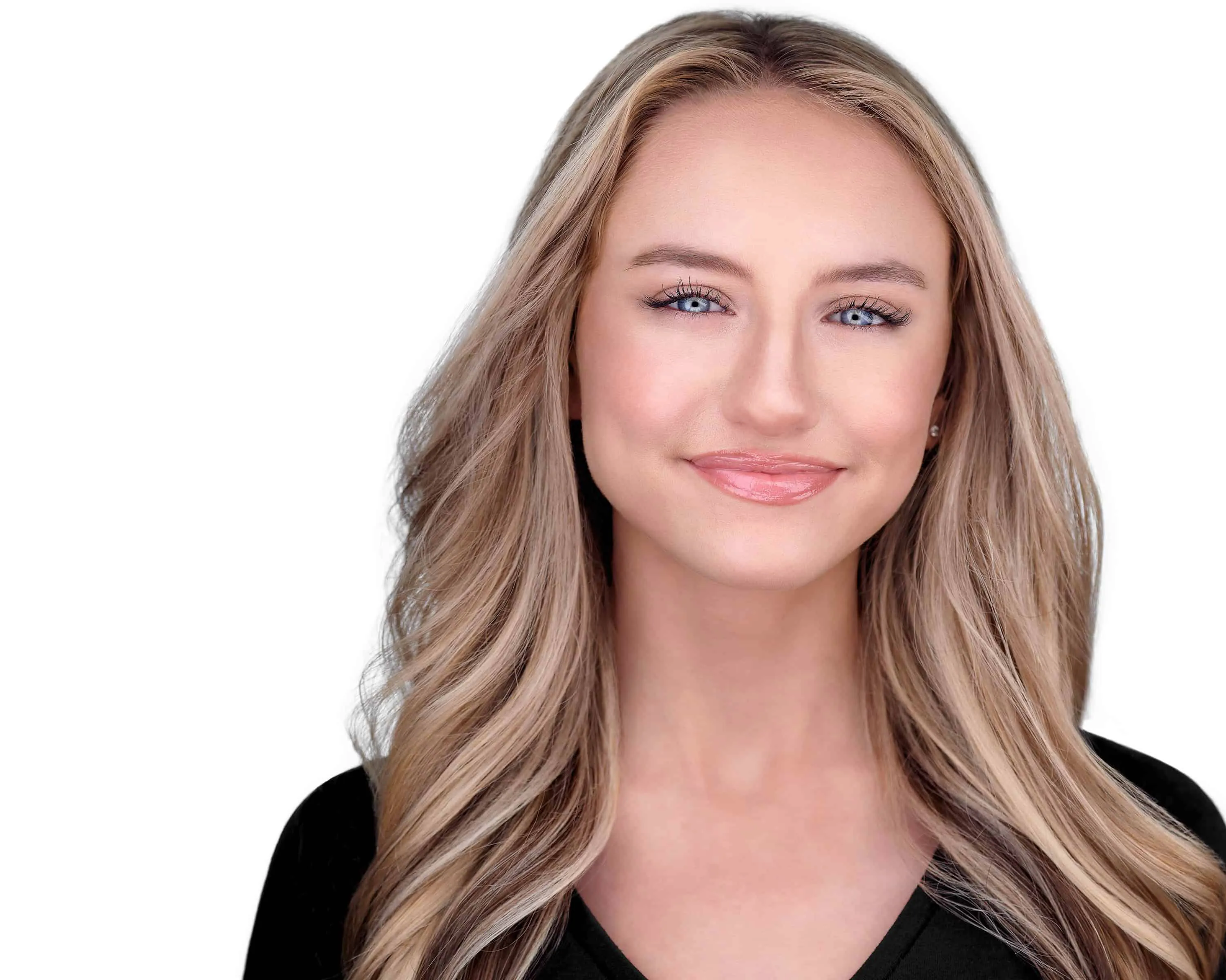 Professional performer headshot of young female singer and actor with long blonde highlighted hair styled with center part and warm natural smile wearing black v-neck top photographed against white studio background by Richard Waine Photography Lancaster Pennsylvania, acting headshots, professional acting headshots, actor headshots near me
