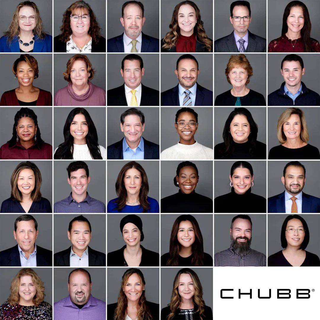Corporate team headshot contact sheet grid displaying 34 diverse Chubb insurance company employees in business professional and business casual attire photographed with consistent gray studio background by Richard Waine Photography on-location corporate headshot photographer, Office Headshots, Professional Headshots on Location, Team Headshots