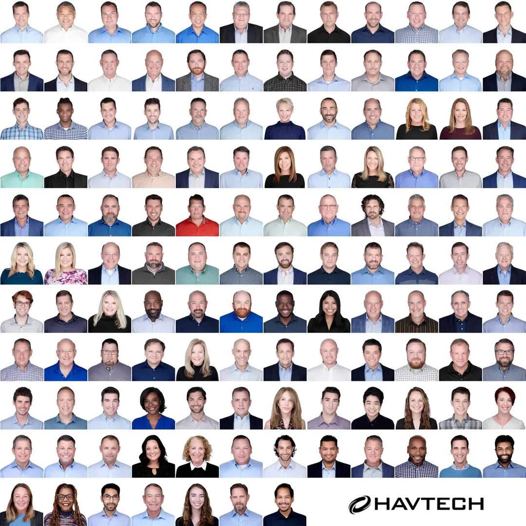 Large-scale corporate team headshot contact sheet grid displaying Havtech company employees in business casual and professional attire predominantly featuring blue and gray tones photographed against white background by Richard Waine Photography team headshot photographer Baltimore Maryland, team headshots, company headshots, office headshots