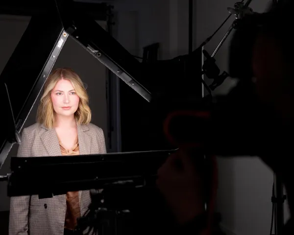 Acting headshot photography session showing blonde woman in tan plaid blazer surrounded by professional photo studio lighting equipment in Lancaster PA studio by Richard Waine Photography