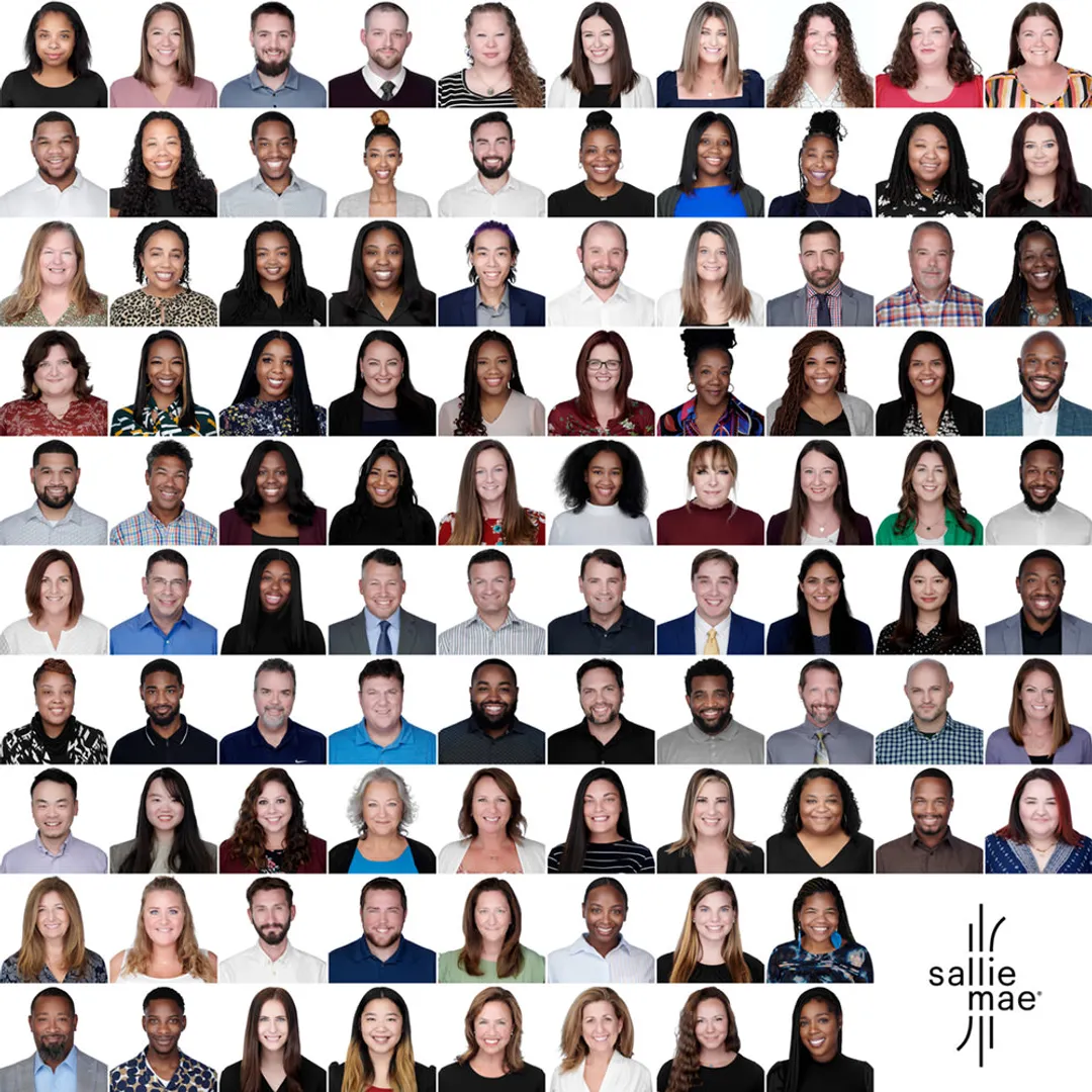 Corporate employee headshot contact sheet grid featuring diverse Sallie Mae team members in variety of business casual and professional attire photographed against white backdrop by Richard Waine Photography corporate headshot photographer in Delaware, Sallie Mae Employee Headshots, Team Headshots, Office Headshots
